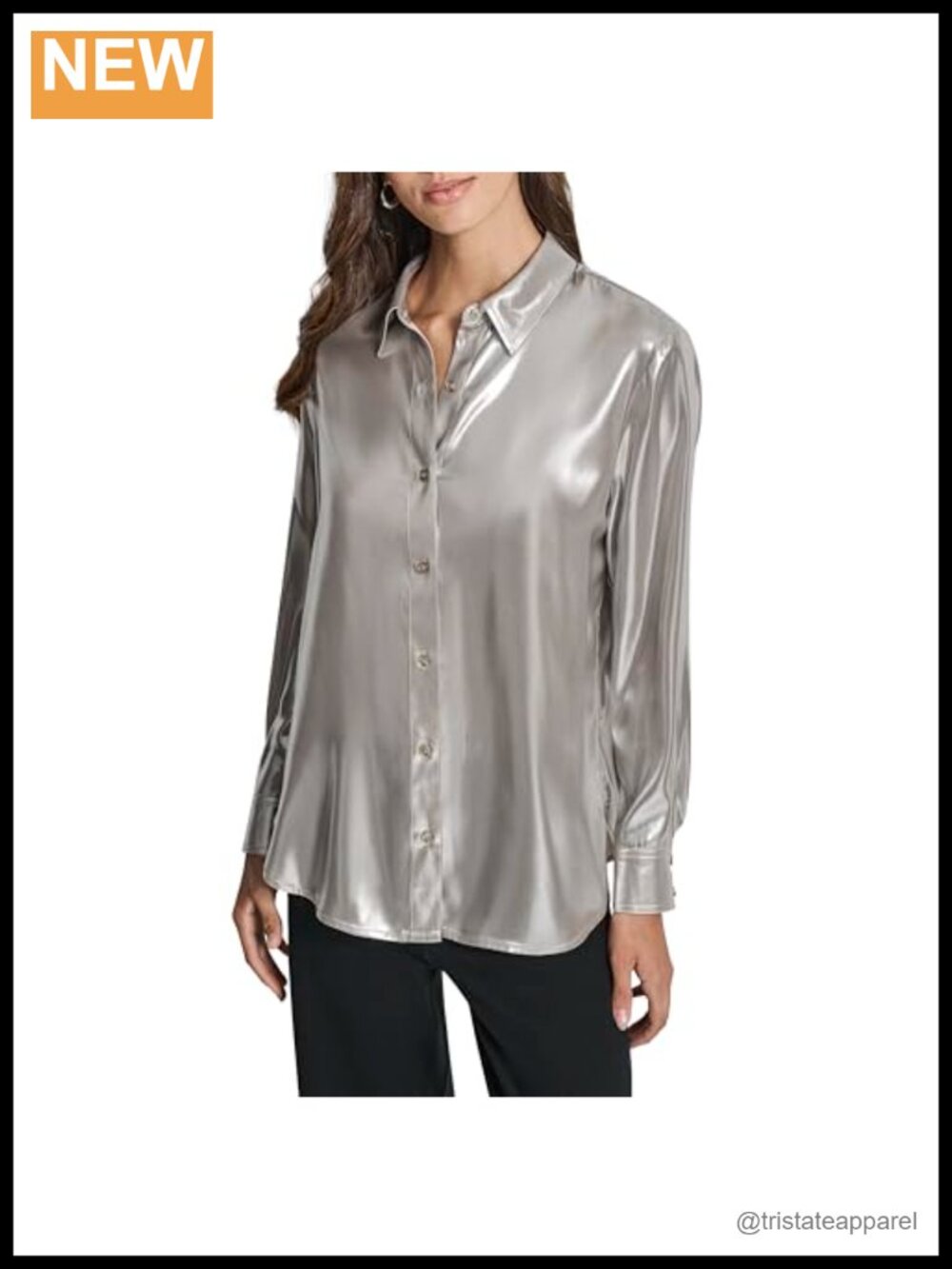 Metallic Satin Long Sleeve Button Down Blouse Relaxed Fit Work Top